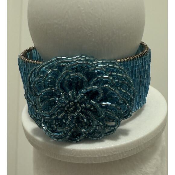 Vintage Turquoise Beaded Flower Cuff Bracelet Wide Wire Wrapped Statement - Picture 3 of 6